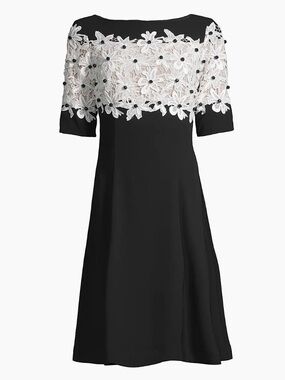 Shani Fit & Flare Crepe A-Line Dress Black Midi Dress with White Floral Lace